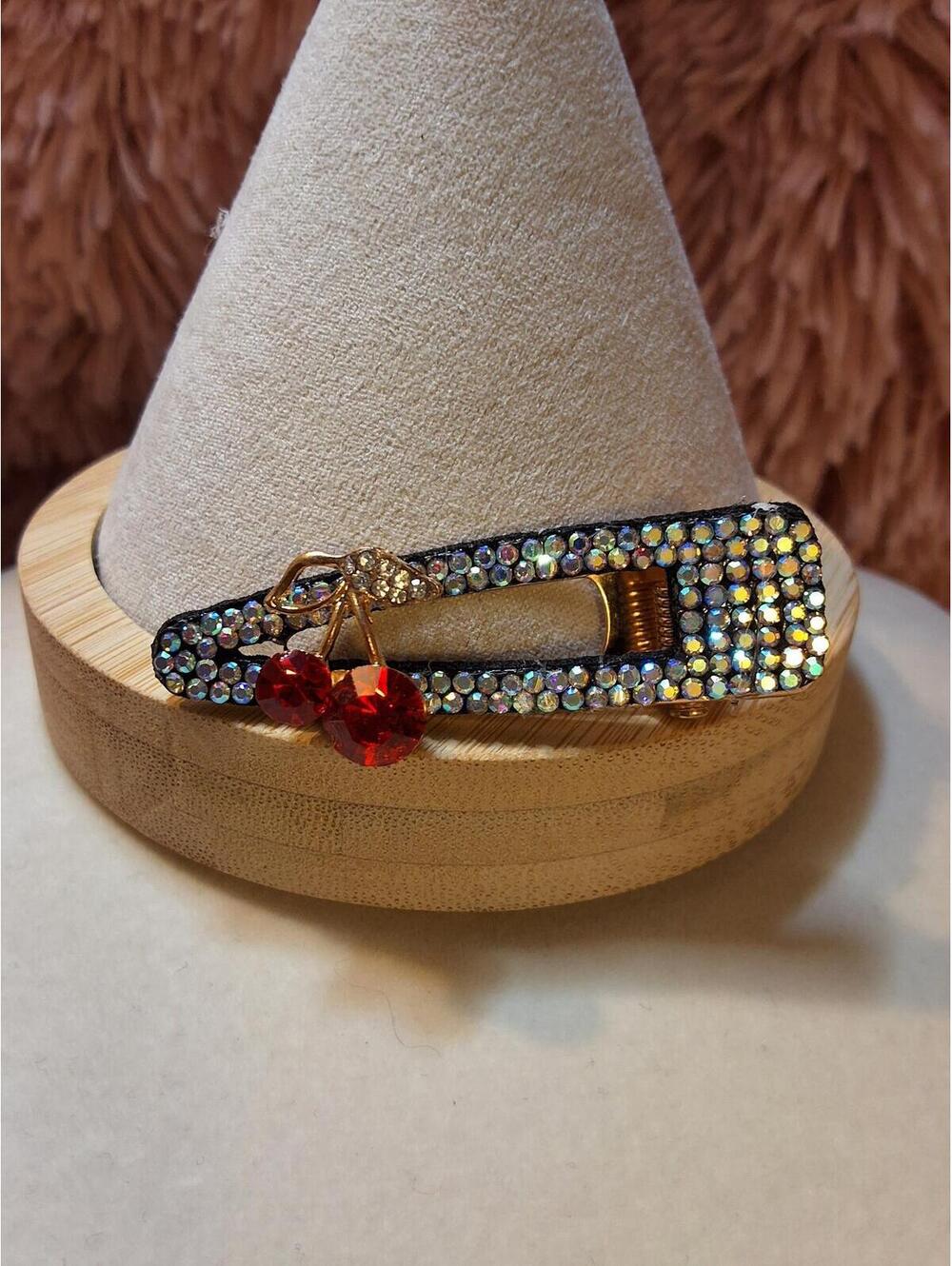 CHERRY HAIR CLIP RHINESTONE BLACK OUTLINE